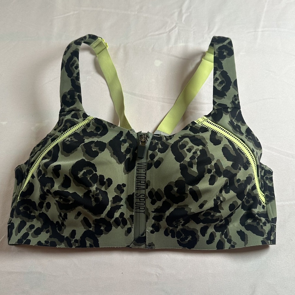 Victoria Secret Sports Bra 34D Knockout  Double Layer Green Leopard Front Zip